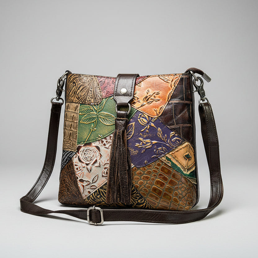 Ethnic style leather stitching ladies bag