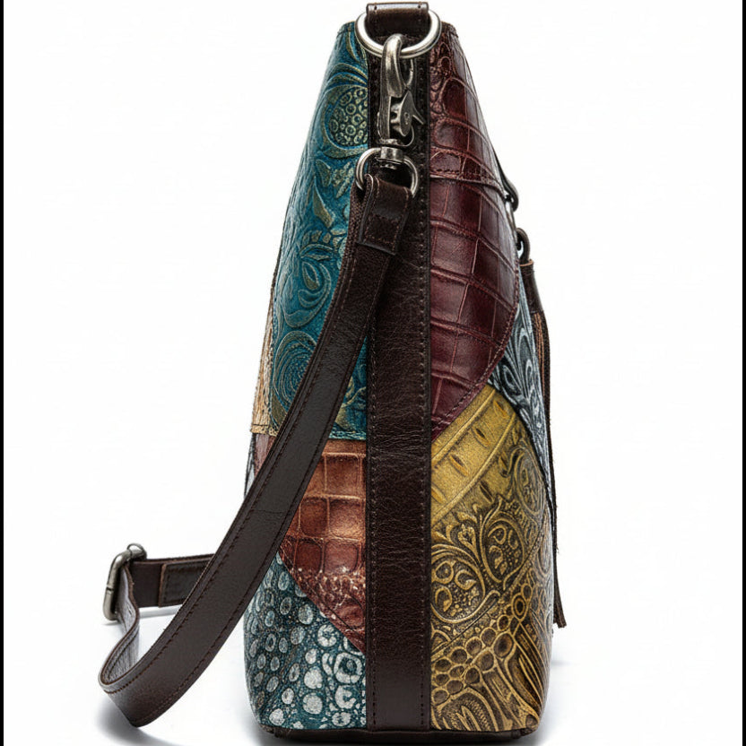 Ethnic style leather stitching ladies bag